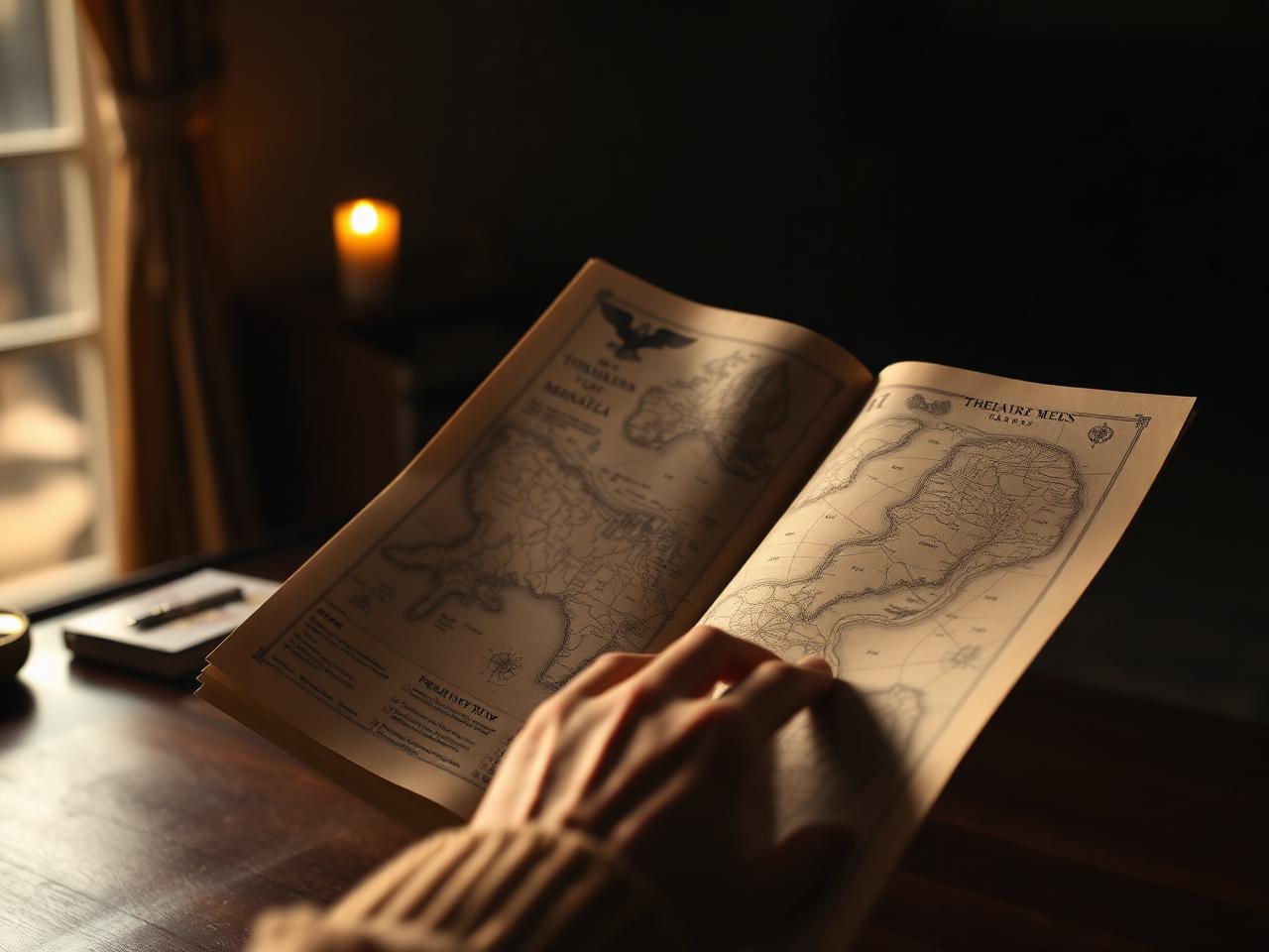 Freshly printed adventure map and puzzle pages held in warm lantern light