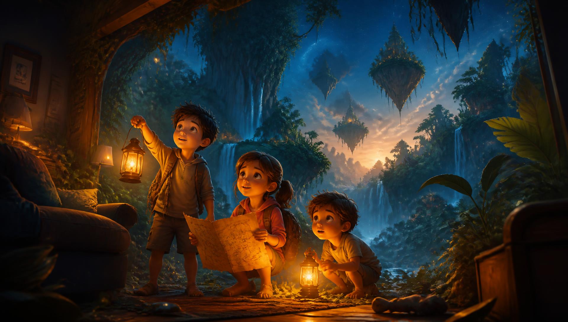 Children with lanterns and a treasure map discovering a magical world inside their living room