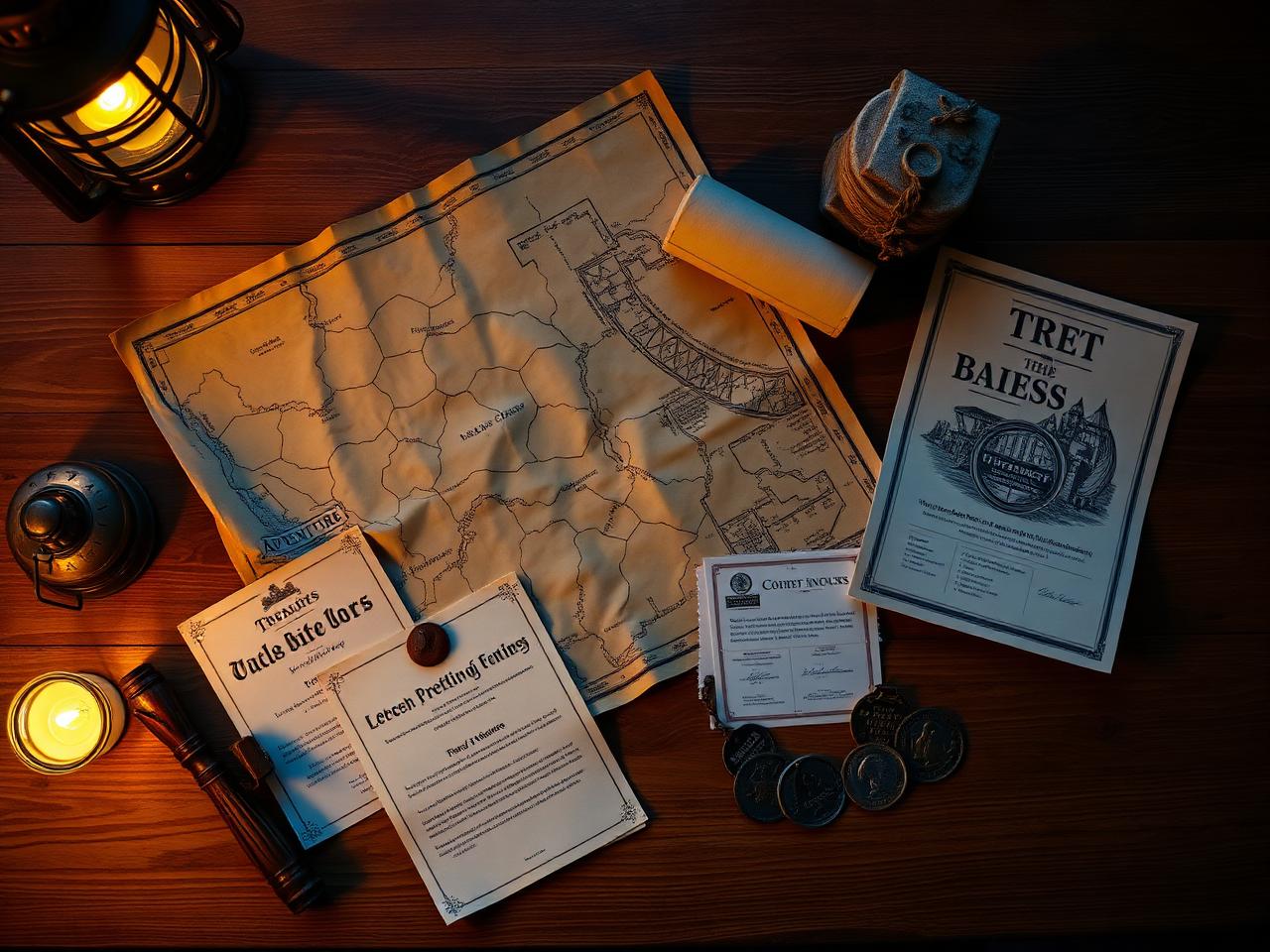 Printed adventure kit spread out on a table: aged map, sealed letters, puzzle sheets and certificates