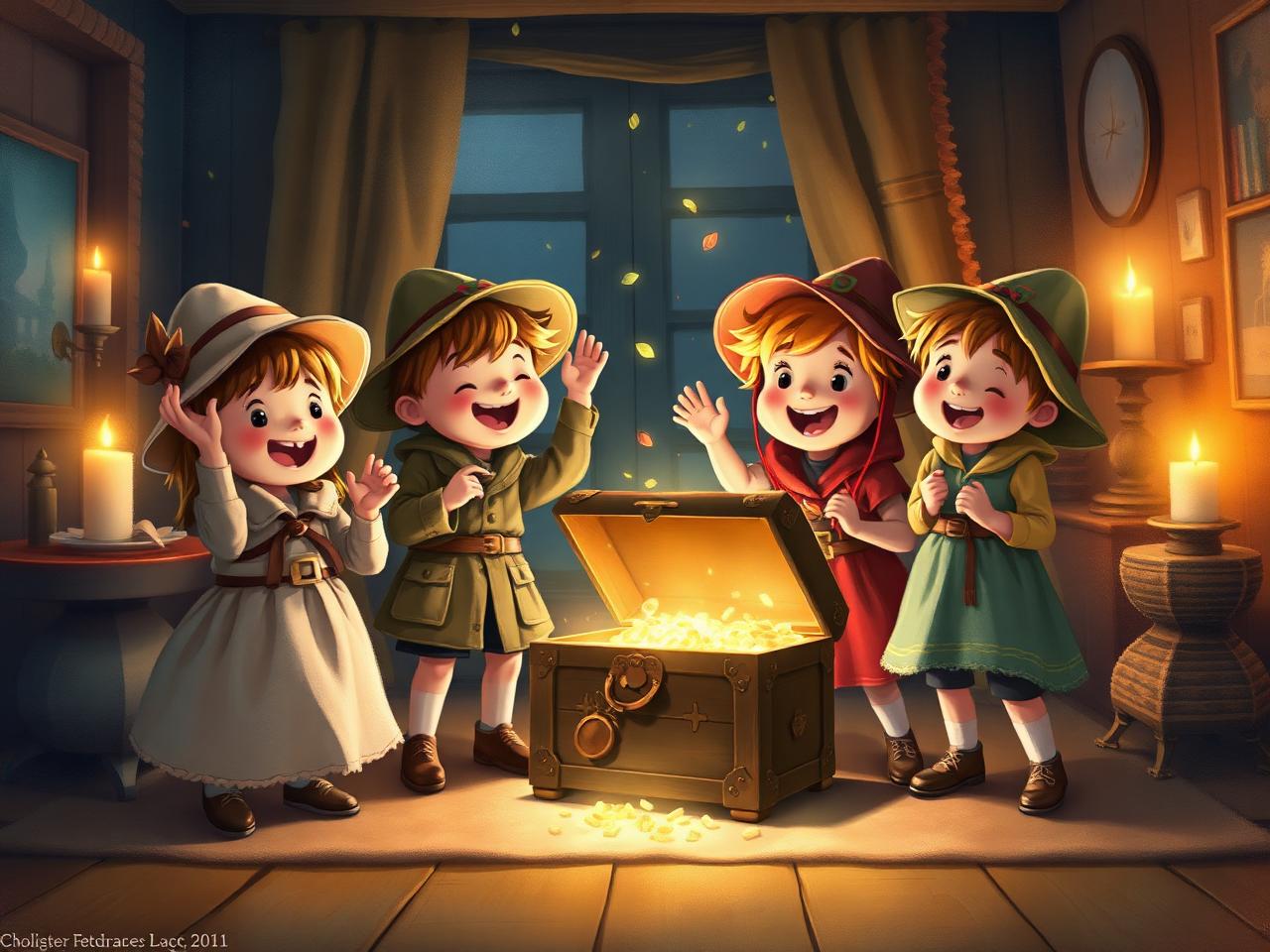 Children in explorer costumes cheering as they open a glowing treasure chest