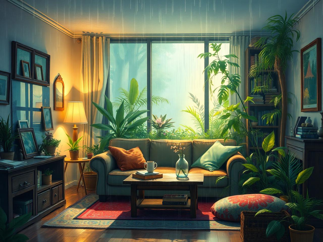 An ordinary living room slowly turning into an enchanted jungle