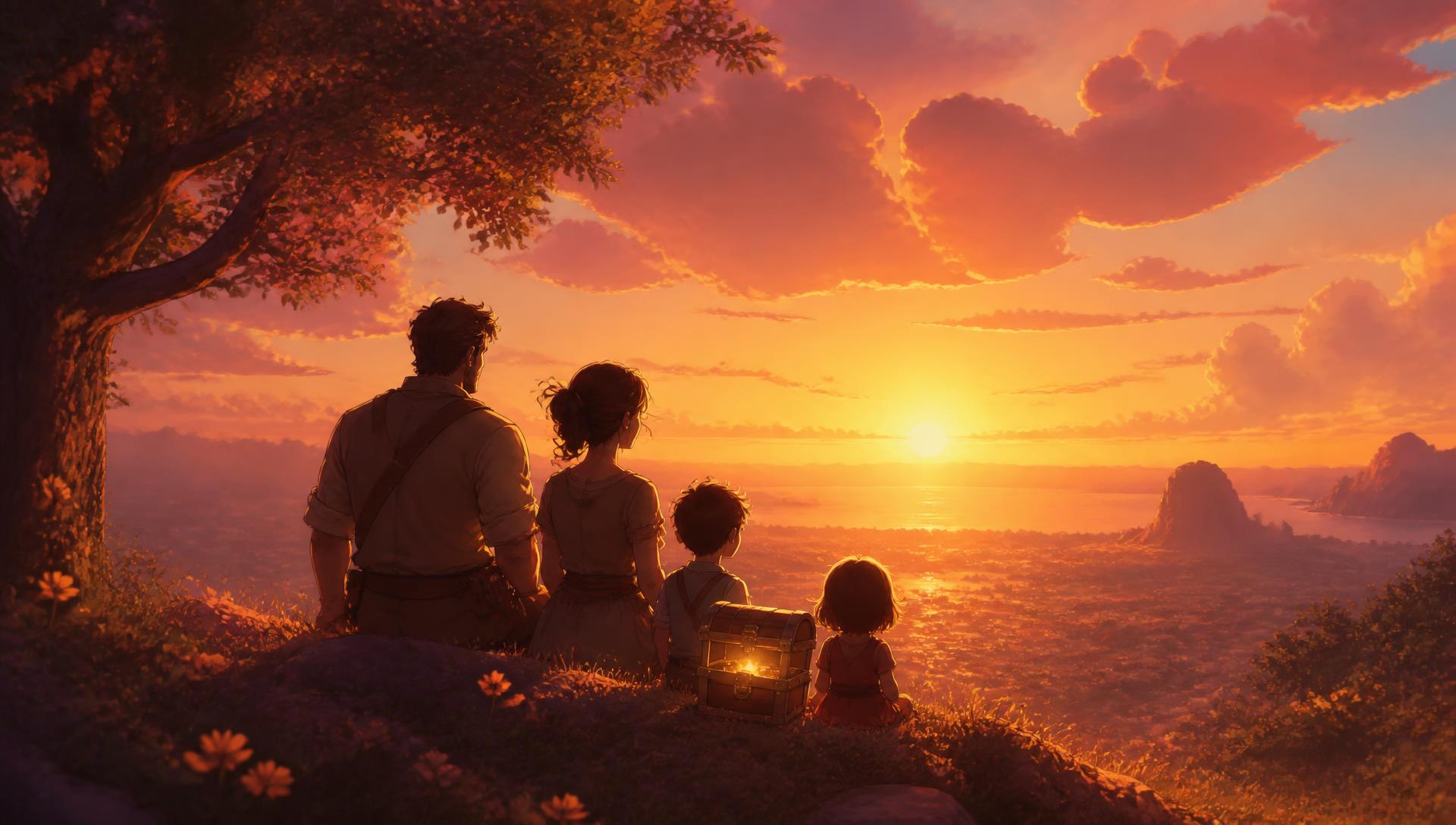 A family sitting on a hilltop at sunset beside a glowing treasure chest
